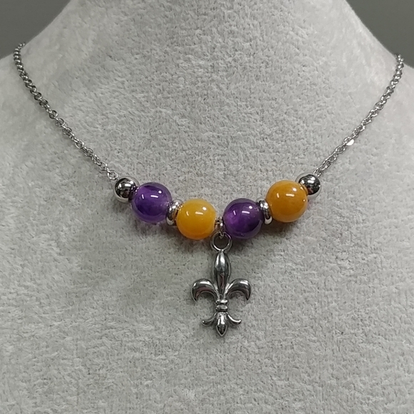 Fleur De Lis Amethyst Jade Bead Necklace Natural Gemstone LSU Purple & Gold NOLA - Picture 7 of 17